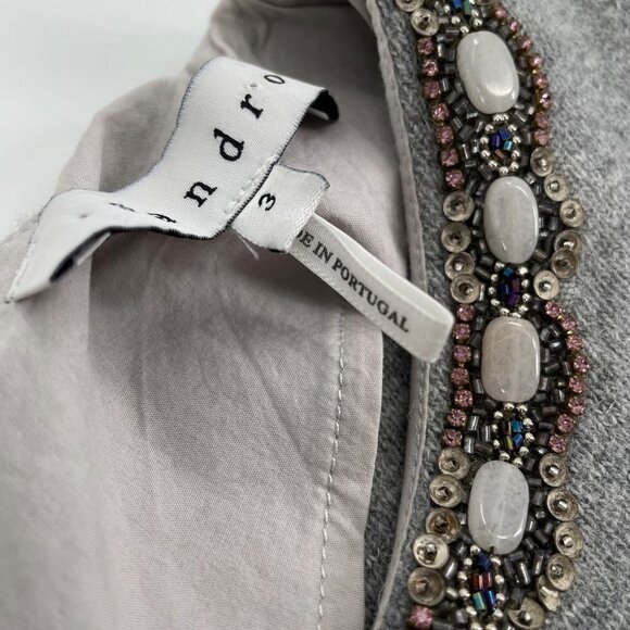 Sandro Gray Wool Cashmere Blend Long Sleeve Dress Womens 8 Embellished Neckline - Picture 7 of 13